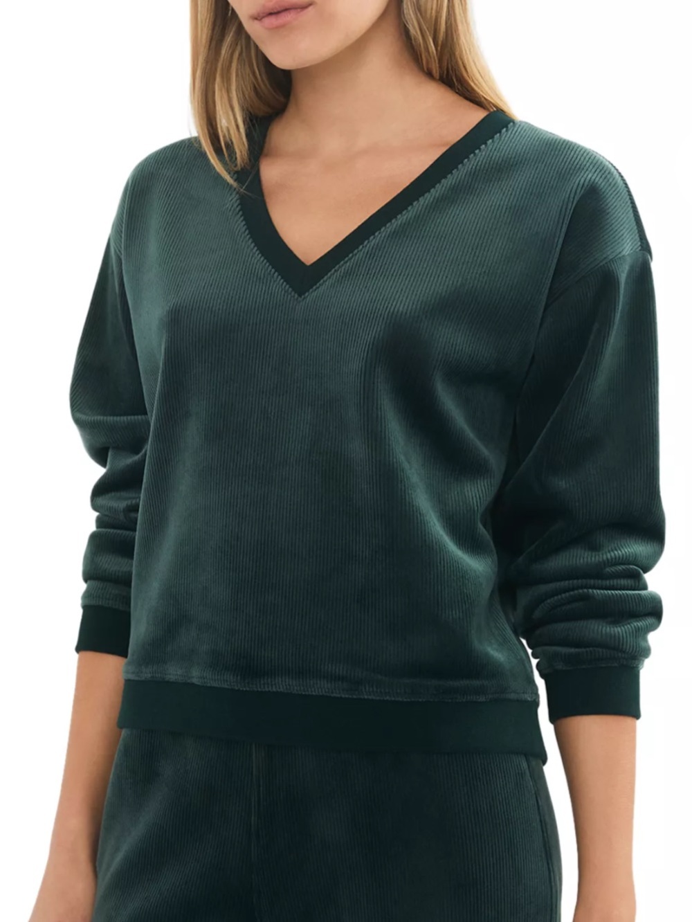 MARINE LAYER Velour Corduroy V-Neck Sweatshirt Green Size S